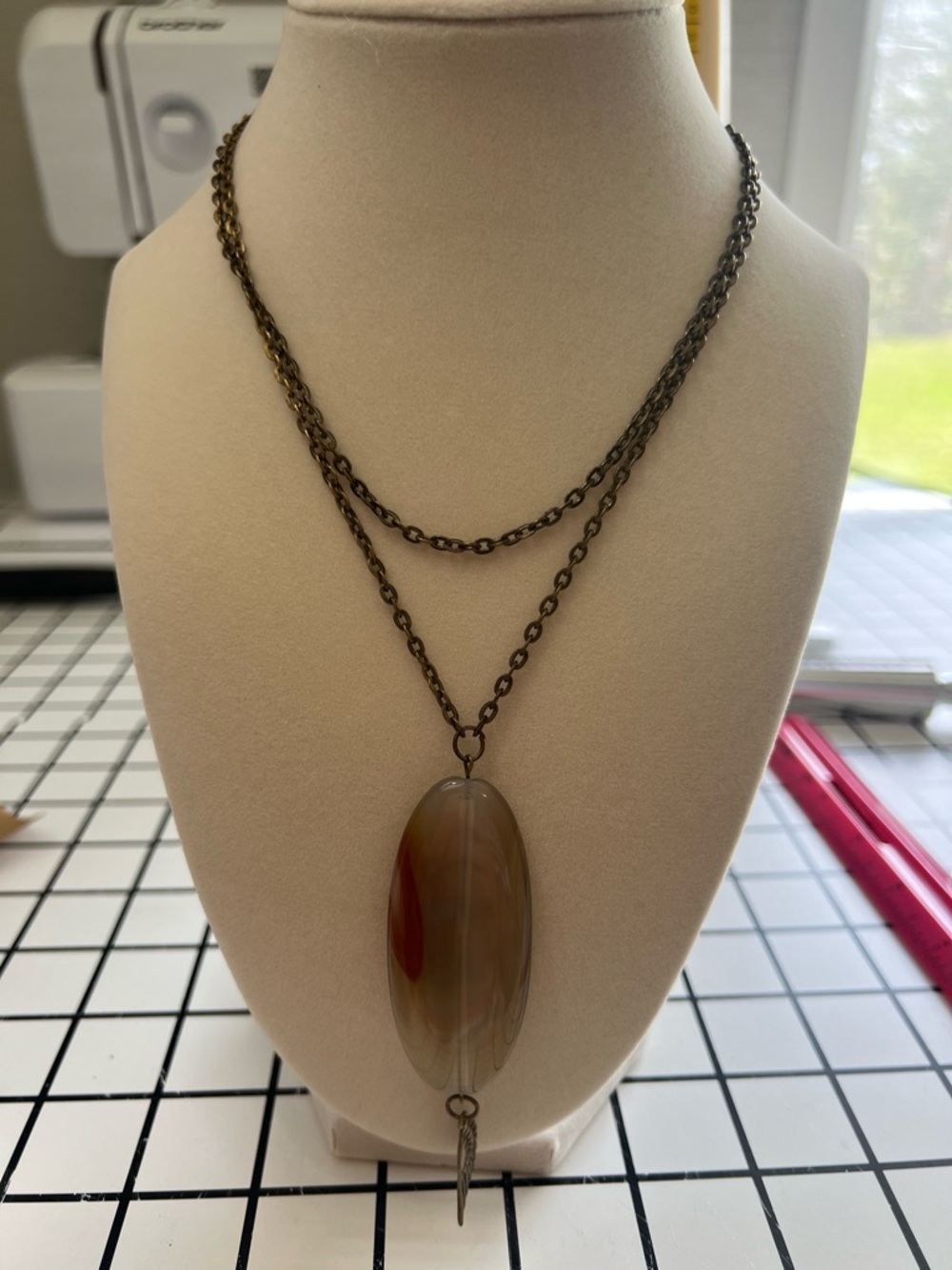 Layered Bronze Chain Necklace with Brown Agate Pendant